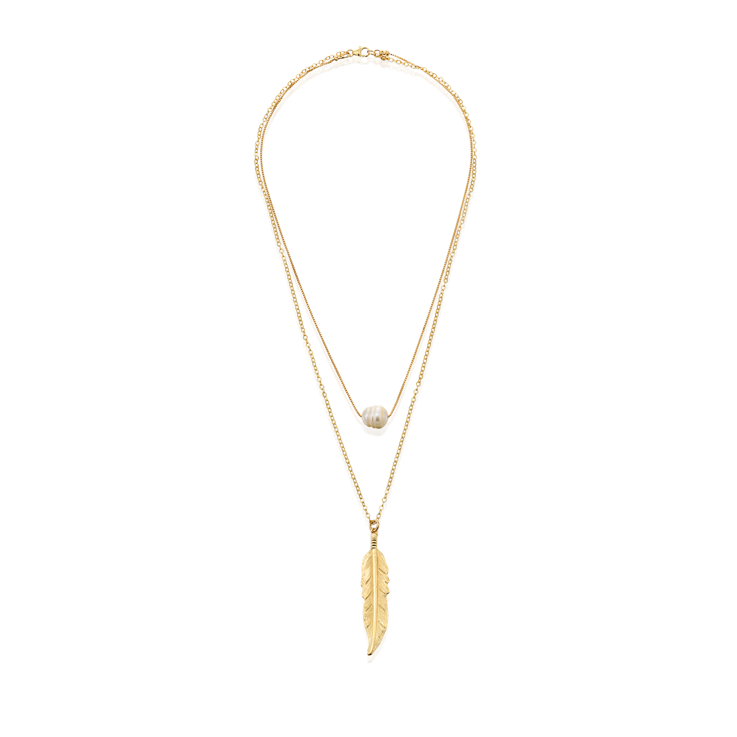 2 Layers necklace - pearl & feather