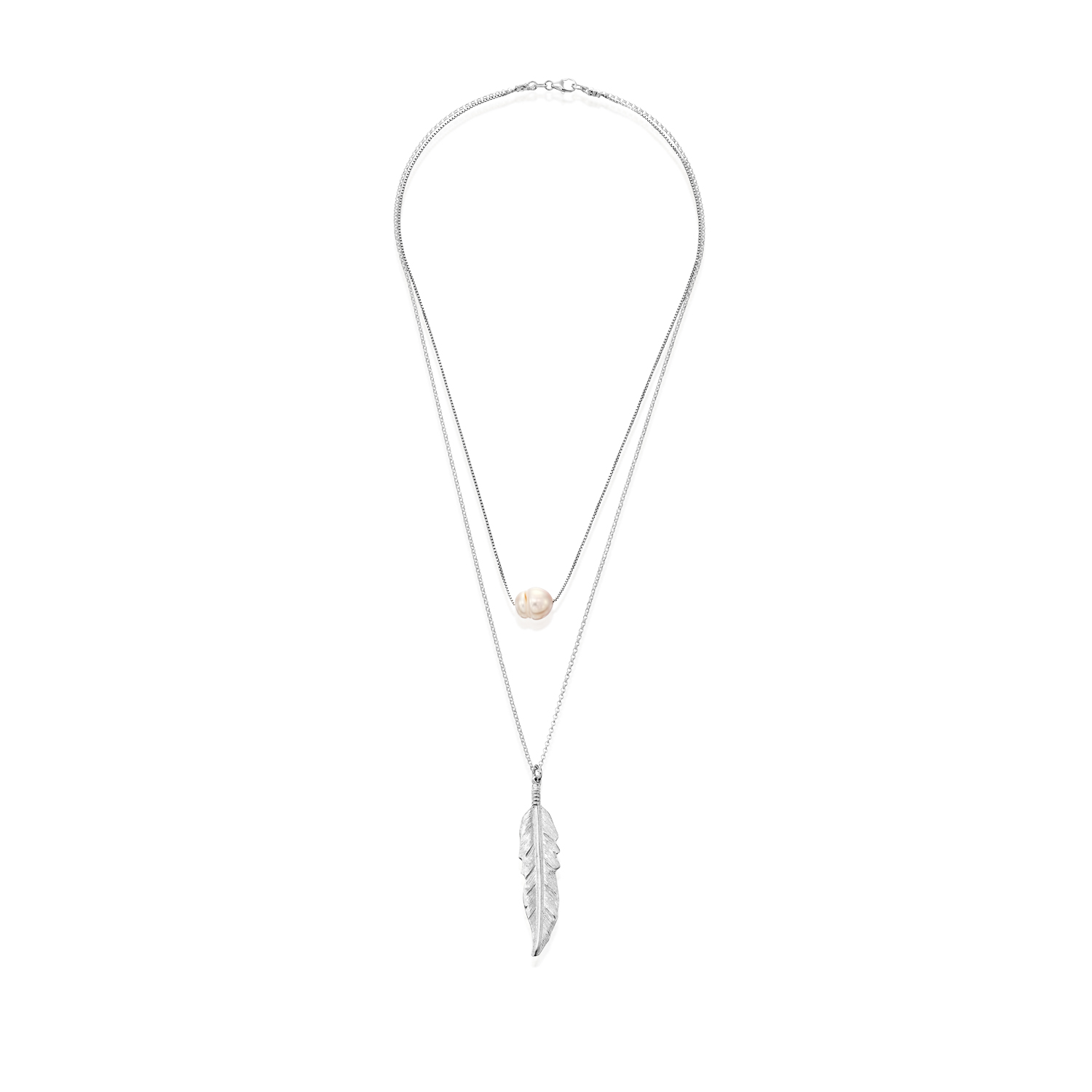2 Layers necklace - pearl & feather